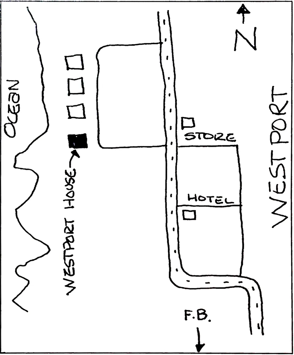 Hand-drawn map of Westport: the Westport House on the ocean side of Highway 1, opposite the store and hotel, fifteen miles north of Fort Bragg